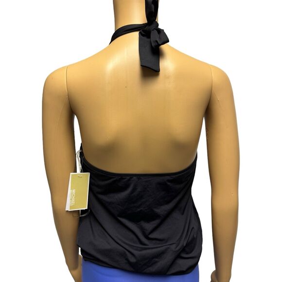 NWT Michael Kors Black O Ring Modest Banded Bottom Halter Swim Top Small - Picture 3 of 6